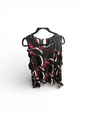 Ann Taylor Black Cold-Shoulder Blouse with Red Floral Print